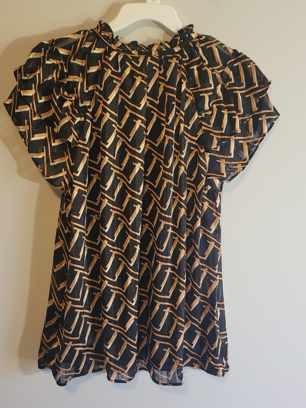 Laura Petites NWT Sheer Blouse Ruffle Neck Black Gold L - Picture 6 of 8
